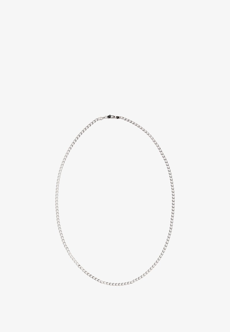 Sølv kæde halskæde med små, runde led. Glat tekstur, skinnende finish og lukning med spænde. Minimalistisk design uden yderligere accenter.