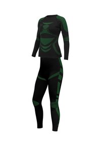 Black athletic set featuring long-sleeve top and leggings. Green patterned accents in varying textures and designs contrast with black fabric.
