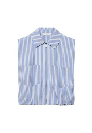 Blau-weiß gestreiftes ärmelloses Hemd mit Kragen, Frontreißverschluss, zwei Brusttaschen und elastischem Saum.