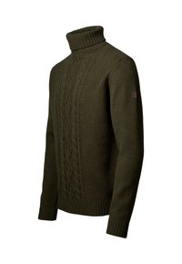 Pulover tricotat de culoare verde închis, cu guler înalt tip mock, având un model texturat de cabluri pe față și manșete și margine ribbed.
