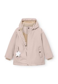 Giacca a cappuccio rosa pallido con interno morbido, tasche laterali e chiusura a scatto/bottone. Presenta un'etichetta a forma di stella attaccata a una tasca.