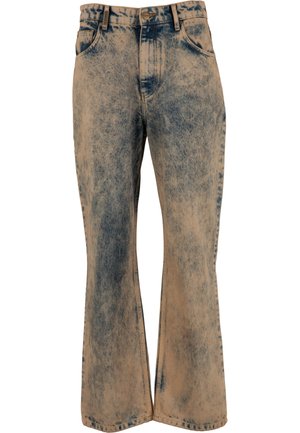 Hoch taillierte, weitgeschnittene Jeans mit einem ausgewaschenen beige-dunkelblauen Acid-Wash-Muster, mit Gürtelschlaufen, Vordertaschen und Knopfverschluss.