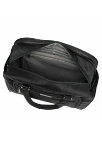 Borsa da viaggio in tessuto nero con apertura zip, tasche interne, manici doppi e forma strutturata per un facile trasporto.