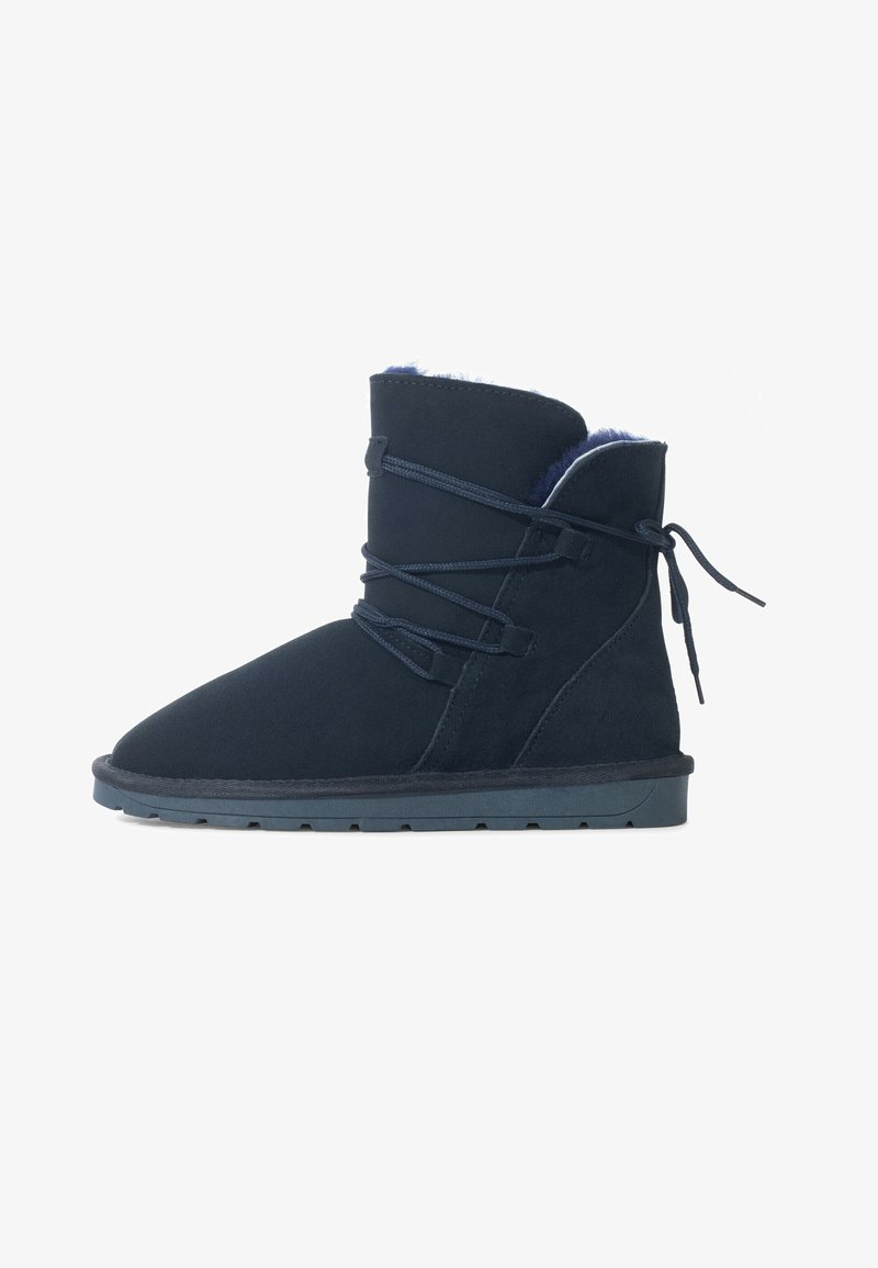 Navy blue ankle boots made of soft suede with a textured finish, featuring a lace-up front and a sturdy rubber sole.