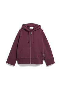 Mouwen lange bordeauxrode rits-hoodie gemaakt van zachte stof, voorzien van een voorzak en capuchon met trekkoord en geribbelde manchetten.