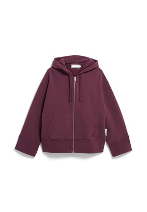 Langärmlige, maroonfarbene Zip-Hoodie aus weichem Stoff, ausgestattet mit einer vorderen Kängurutasche und einer Kapuze mit Kordelzug sowie gerippten Bündchen.