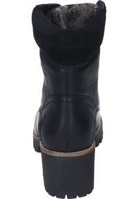 Schwarze Knöchelstiefel mit einem strukturierten Lederobermaterial, Kunstfellfutter und einer massiven schwarzen Gummisohle. Verfügt über ein gefaltetes Bündchen-Design und eine gestickte Verzierung.