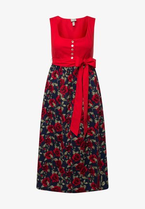 Rotes ärmelloses Kleid mit einem runden Ausschnitt, verziert mit fünf Knöpfen. Blumenmuster in Rot auf dunklem blauen Hintergrund, mit einem passenden Gürtel.