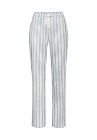 Vieglie, svītraini mājas bikses zilā un baltā krāsā ar mīkstu tekstūru, elastīgu jostasvītru un auklu regulējamai piegulšanai.