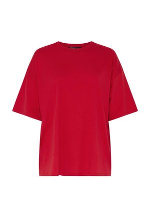 Rode oversized T-shirt met korte mouwen en ronde hals, met een effen ontwerp zonder zichtbare logo's of patronen.