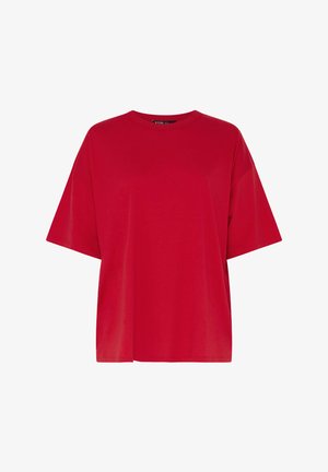 Rode oversized T-shirt met korte mouwen en ronde hals, met een effen ontwerp zonder zichtbare logo's of patronen.