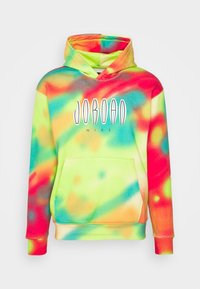 Tie-dye hoodie with neon green, red, blue, and orange patterns, front pocket, hood, and "JORDAN NIKE" logo on the chest.