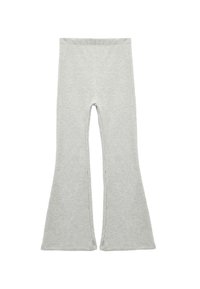 Grå ribbade utsvängda leggings har en hög midja och en texturerad yta, vilket ger en åtsittande form med en bred benöppning längst ner.