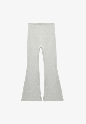 Gray ribbed flared leggings feature a high waistband and a textured finish, providing a fitted shape with a wide leg opening at the bottom.