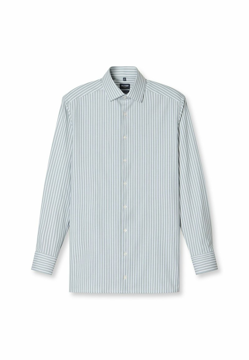 Himmelblaues Langarmhemd mit senkrechten weißen Streifen, Knopfkragen und weißen Knöpfen, das eine glatte Stoffoberfläche zeigt.