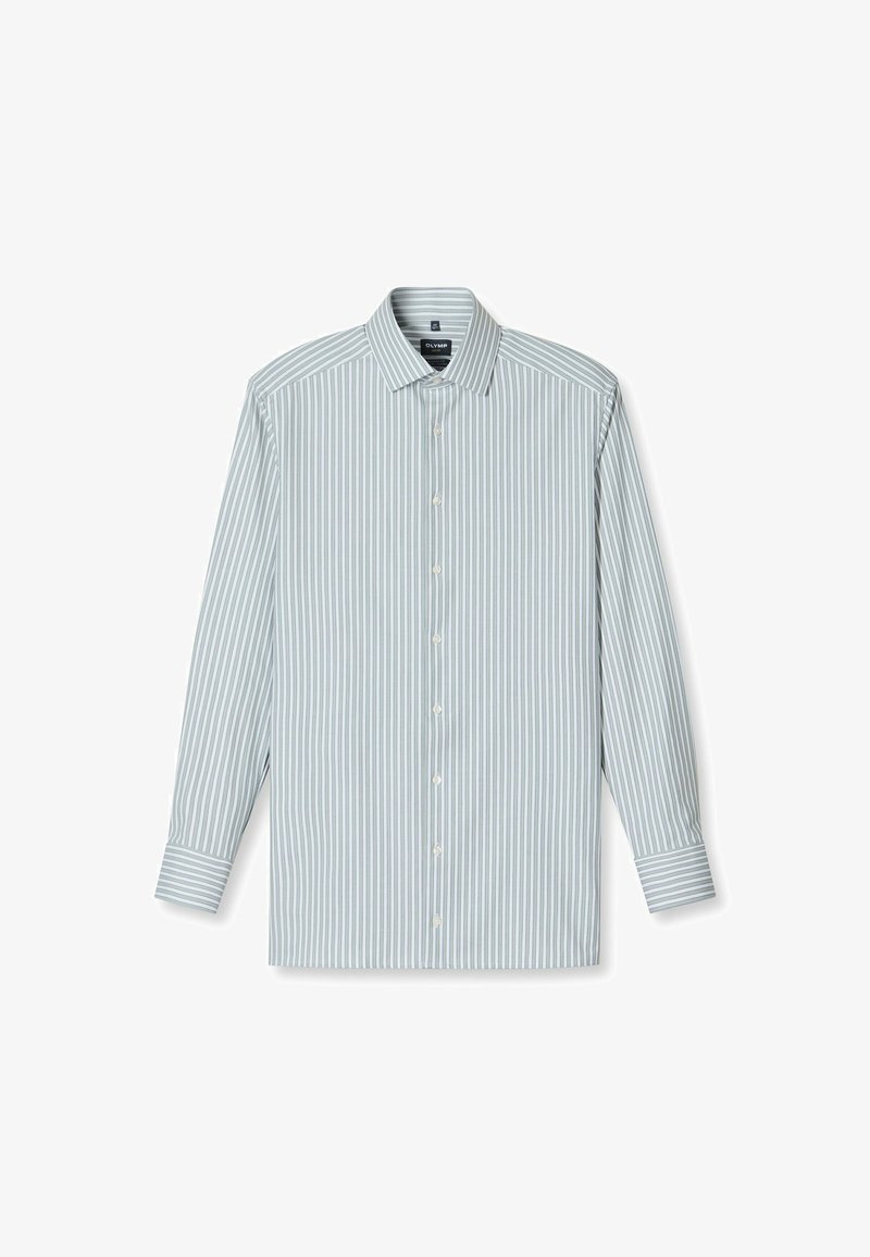 Himmelblaues Langarmhemd mit senkrechten weißen Streifen, Knopfkragen und weißen Knöpfen, das eine glatte Stoffoberfläche zeigt.