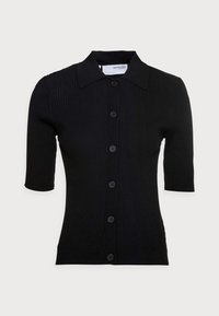 Svart ribbad kortärmad kavaj med skjortkrage och sju knappar, med en figursydd design och slät textur.