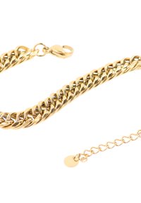 Bracciale in oro con maglie intrecciate, dotato di chiusura a gabbiano e una catena regolabile con un accento rotondo all'estremità.