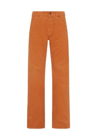 Oranje corduroy rechte pijpen broek, met een standaard tailleband, zijzakken en zachte, gestructureerde stof met verticale ribbels.