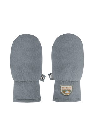 Graue Fleece-Handschuhe mit runder Oberseite, gesticktem Design und einem kreisförmigen Logo-Patch. Mit Druckknopfverschluss an der Seite für sicheren Sitz.