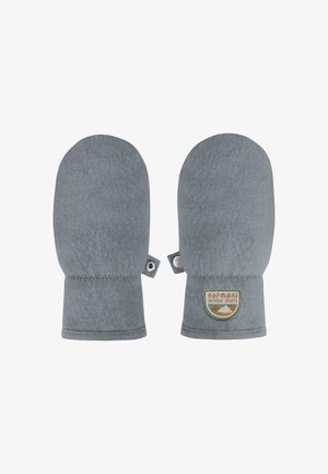 Graue Fleece-Handschuhe mit runder Oberseite, gesticktem Design und einem kreisförmigen Logo-Patch. Mit Druckknopfverschluss an der Seite für sicheren Sitz.