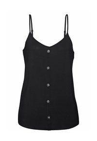 Mustmustri mustri reguleeritavate õhukeste rihmadega, V-dekolteega ja ees oleva nupuga sulgemisega, millel on kuus ümmargust musta nuppu.