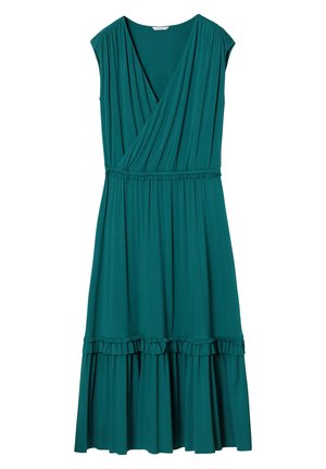 Abito a portafoglio teal in tessuto elasticizzato, con maniche corte, dettagli arricciati in vita e una gonna ampia con orlo arricciato.