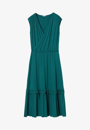 Teal wikkeljurk van stretchstof, met korte mouwen, gather-details bij de taille en een uitlopende rok met een rimpelzoom.