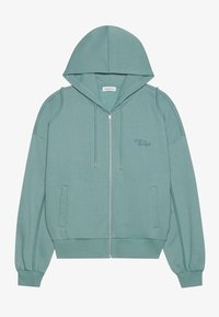 Felpa zip con cappuccio di colore teal chiaro, con tasche frontali, cappuccio regolabile con coulisse, polsini a costine e scritta "even & odd" ricamata sul petto.