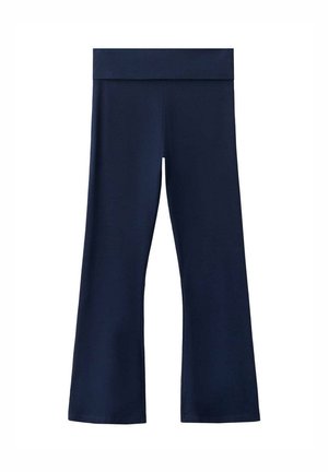 Pantalon bleu marine, taille haute, jambes larges avec une ceinture lisse, sans attaches visibles ni ornements.