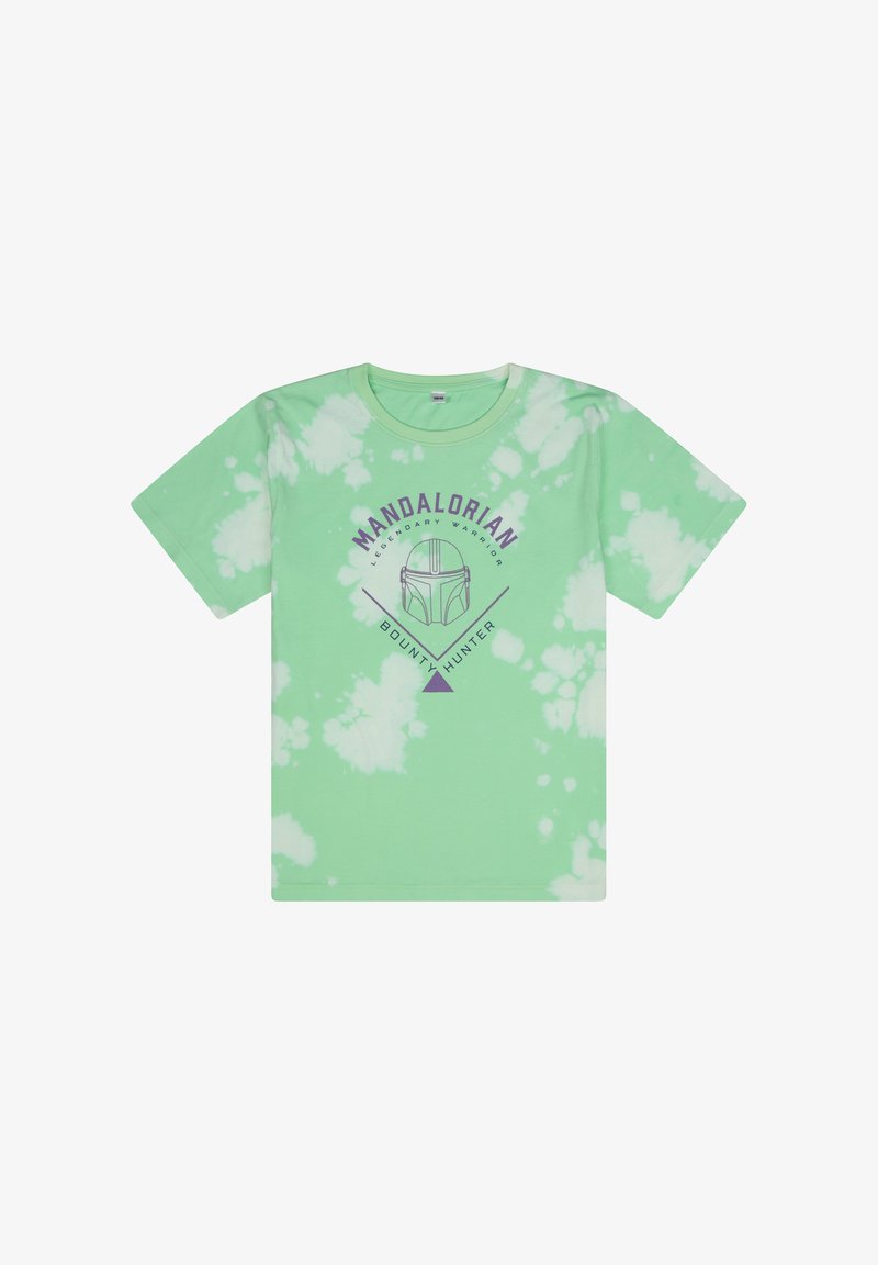Jasnozielona koszulka tie-dye z fioletową grafiką hełmu i napisem "MANDALORIAŃSKI ŁOWCA NAGRÓD" w okrągłym wzorze.