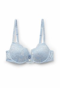 Lace bra in light blue with floral pattern. Padded cups, adjustable straps, and a decorative button at the center. Smooth texture.