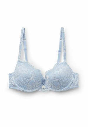 Lace bra in light blue with floral pattern. Padded cups, adjustable straps, and a decorative button at the center. Smooth texture.
