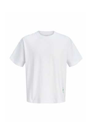 Effen wit T-shirt met korte mouwen en ronde hals, met een klein groen logo label dicht bij de onderzoom aan de linkerkant.