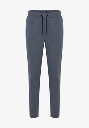 Sive hlače za trčanje od mekanog materijala s pojasom na vezanje, suženim nogavicama i bočnim džepovima za funkcionalnost.