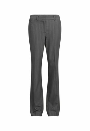 Hallid triibulised kleitpüksid vööaasade ja esiku tõmblukuga, valge tausta ees eksponeeritud.