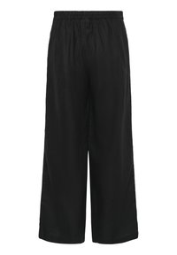 Zwarte wijde broek gemaakt van lichtgewicht stof, met een elastische tailleband en een soepele textuur zonder extra versieringen.