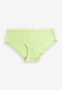 Slip in cotone verde chiaro con una ampia fascia bianca che presenta il marchio "NEXT" ripetuto. Texture liscia, design a vita media e copertura totale.