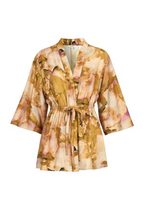 Kurze Jacke im Kimono-Stil mit weiten Ärmeln, Tunnelzug in der Taille und abstraktem Aquarellmuster in Beige, Braun und Rosa.