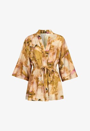 Kurze Jacke im Kimono-Stil mit weiten Ärmeln, Tunnelzug in der Taille und abstraktem Aquarellmuster in Beige, Braun und Rosa.