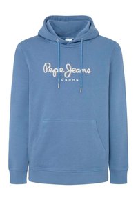 Modrá mikina s kapucí, přední kapsou a bílým textovým logem "Pepe Jeans London" na hrudi, s odpovídajícími modrými šňůrkami.