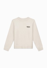 Crème-kleurige trui met een ronde halslijn, lange mouwen, ribgebreide manchetten en zoom, voorzien van een klein geborduurd logo op de linkerborst.