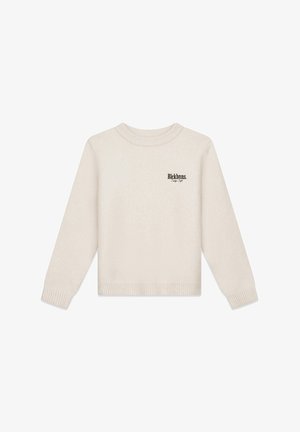 Crème-kleurige trui met een ronde halslijn, lange mouwen, ribgebreide manchetten en zoom, voorzien van een klein geborduurd logo op de linkerborst.