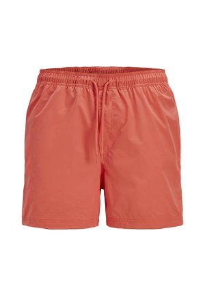 Zwemshorts voor mannen in koraalkleur met elastische tailleband en aantrekkoord, gladde stof, halflange lengte tot halverwege de dij.