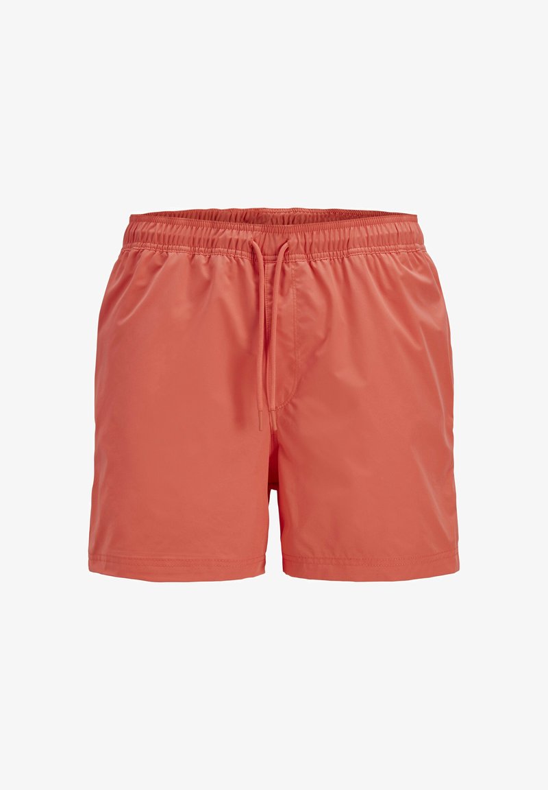 Shorts de bain pour homme couleur corail avec taille élastique et cordon de serrage, tissu lisse, longueur mi-cuisse.