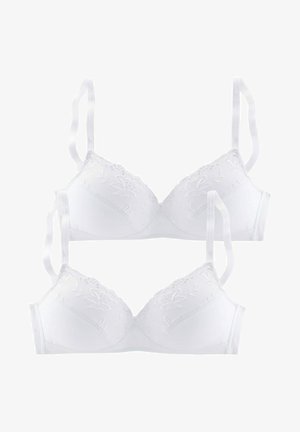 White bras with floral embroidery and lace trim. Soft material, adjustable straps, and triangular cups. Two pieces displayed together.