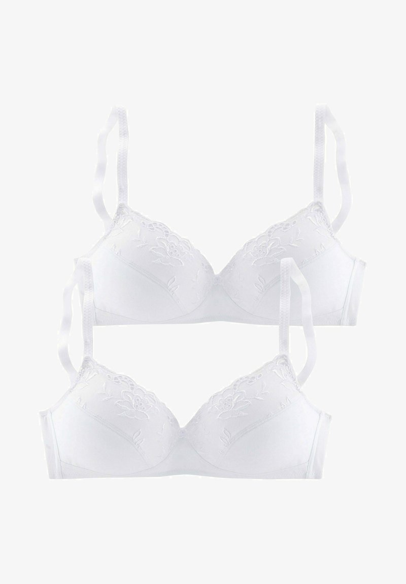 White bras with floral embroidery and lace trim. Soft material, adjustable straps, and triangular cups. Two pieces displayed together.