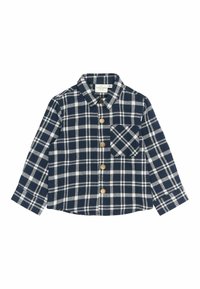 Tumesinine ja valge ruuduline flanellist särk pikkade varrukatega, nööbiga kinni, rinnataskuga, millel on kontrastne muster.