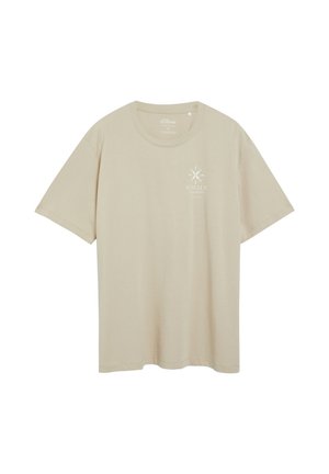 Beżowy bawełniany t-shirt z krótkim rękawem, okrągłym dekoltem oraz małym białym logo słońca i tekstem po lewej stronie na piersi z napisem "Sunclub."