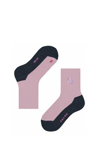 Rosafarbene Knöchelsocken mit dunkelben Akzenten, die auf einem Socke ein Einhorn-Motiv zeigen. Aus Baumwollmischung, mit geripptem Muster, gekennzeichnet mit "FALKE" in Rosa.
